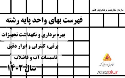 فهرست بهای واحد پایه رشته بهره برداری و نگهداشت تجهیزات برقی‏، کنترلی و ابزار دقیق تاسیسات آب و فاضلاب سال 1402