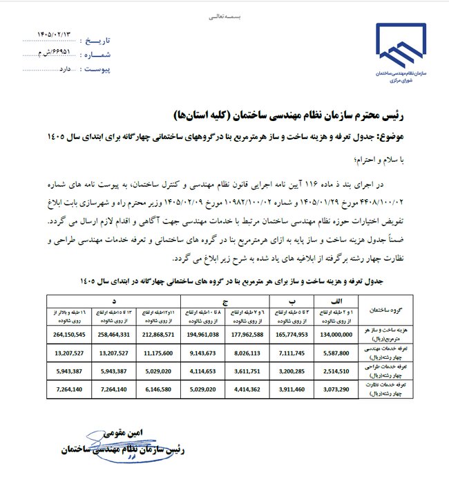 جدول هزینه ساخت و تعرفه خدمات مهندسی سال ۱۴۰۵ - رسمی - افزایش 37.6% نسب به سال قبل