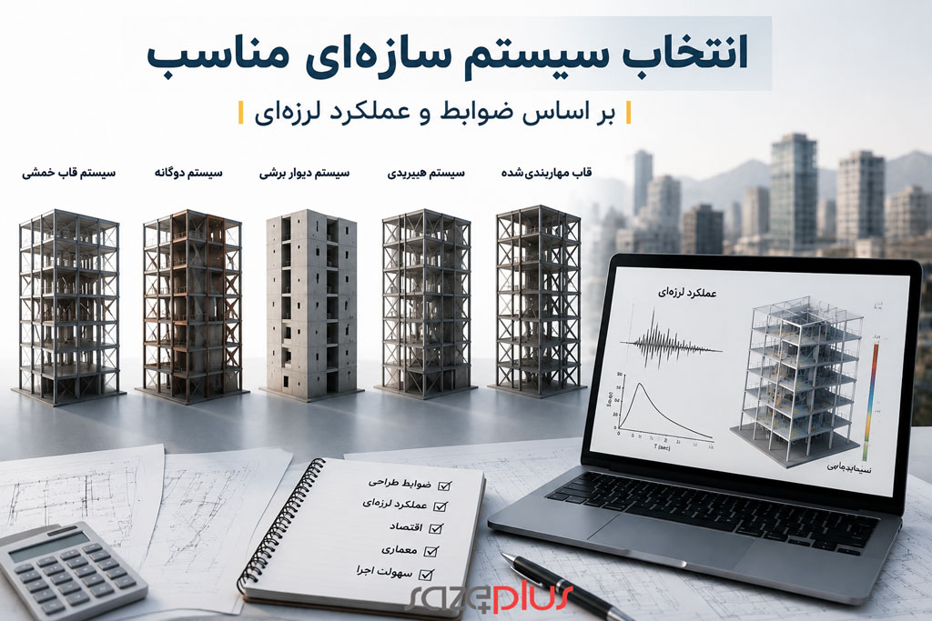 انتخاب سیستم سازه‌ای مناسب بر اساس ضریب رفتار و حداکثر ارتفاع مجاز (جدول ۳-۱) در ویرایش پنجم استاندارد ۲۸۰۰